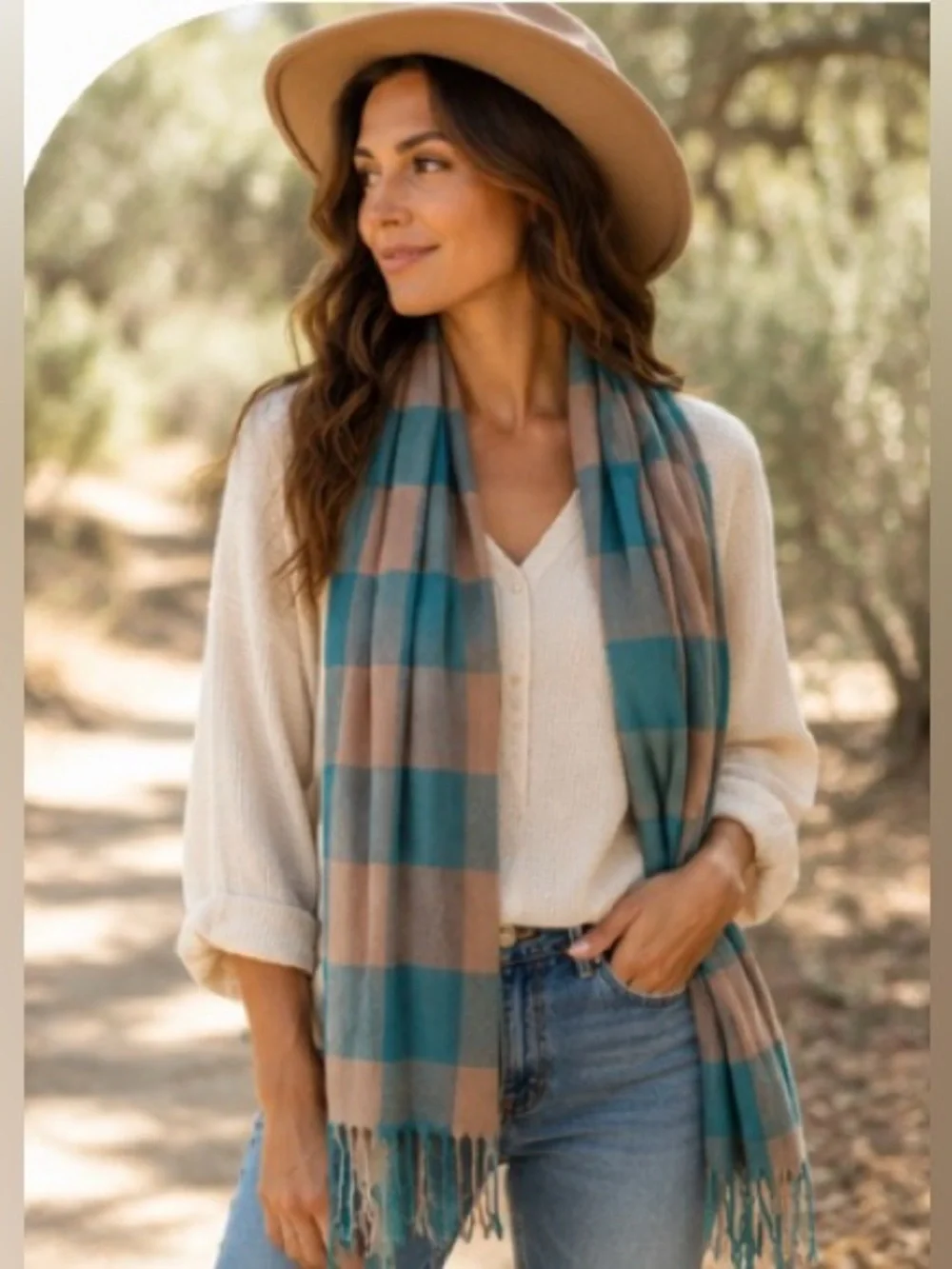 Oversized Turquoise Taupe Plaid Fringe Scarf Boho Cottagecore Coastal Wrap Shawl